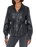 PAIGE Women's Belize Shacket Vegan Leather Shirt Jacket Combo Comfortable fit in Black, L