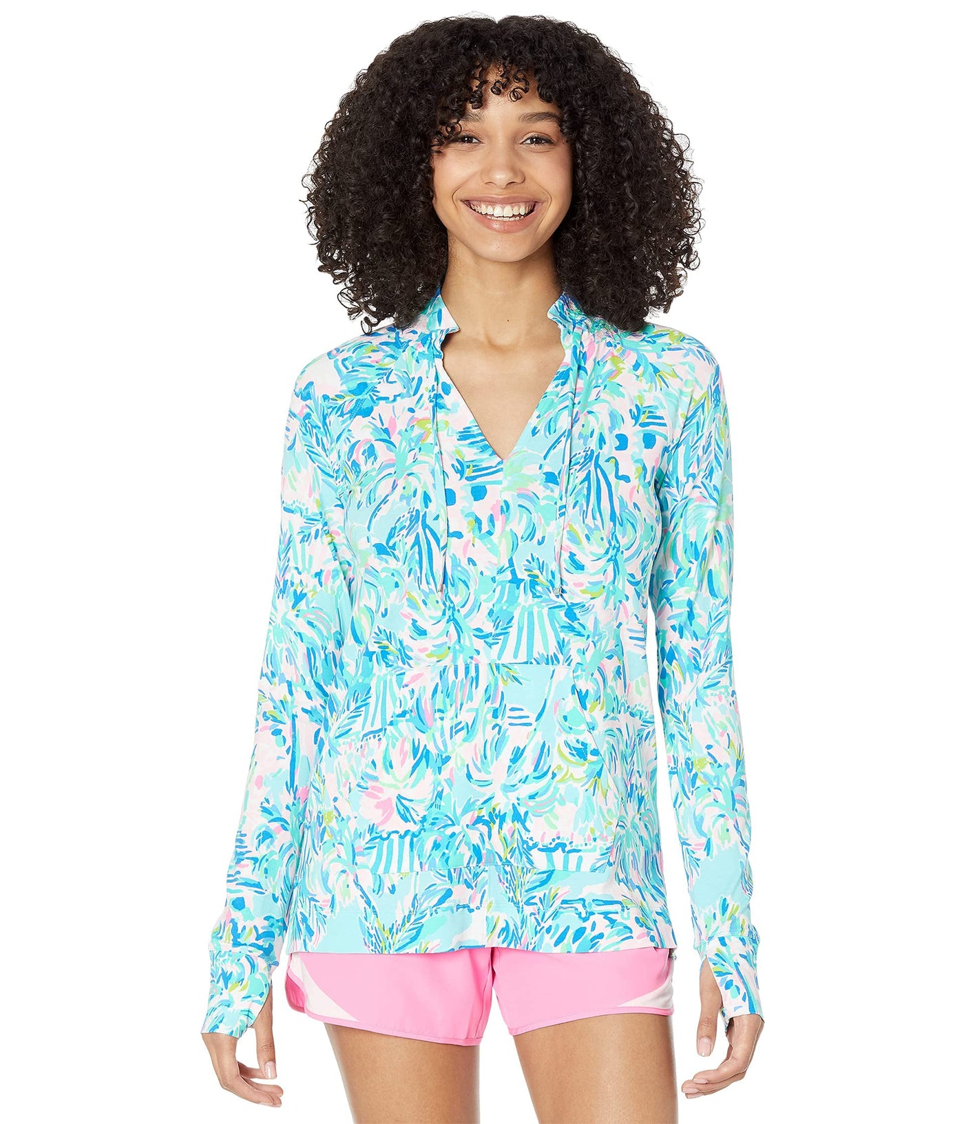 Lilly Pulitzer Cassi UPF 50+ Women’s Popover Shirt - V-neck With Drawstrings - Kangaroo Pocket Blue Ibiza Cabana Cocktail XS One Size