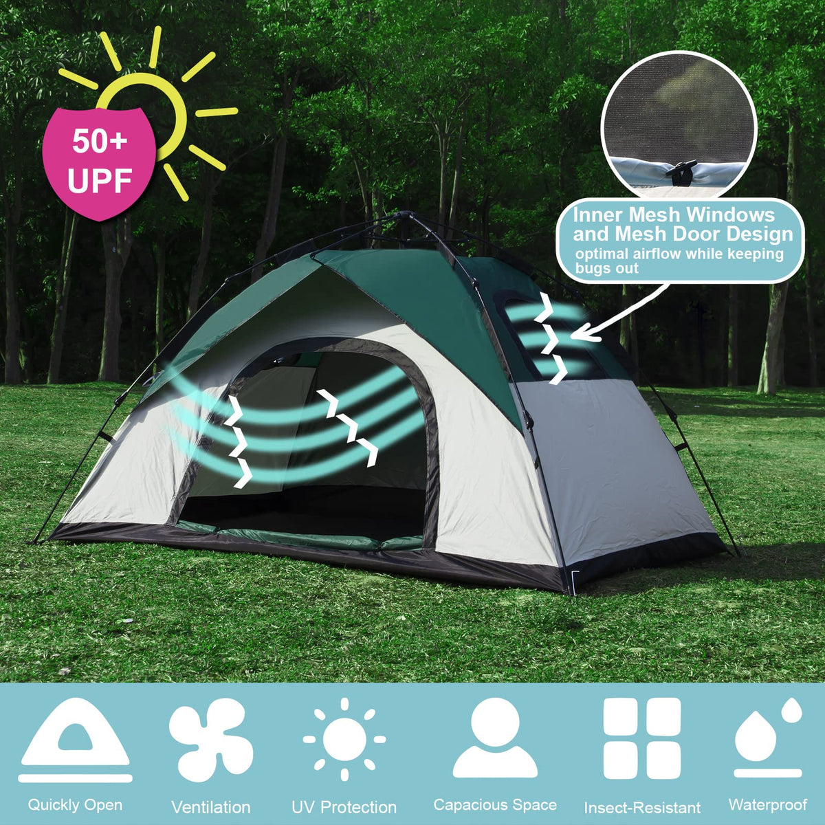 anngrowy 2 Person Pop Up Camping Tent, Waterproof, Windproof, Lightweight, Portable, 82.55947in