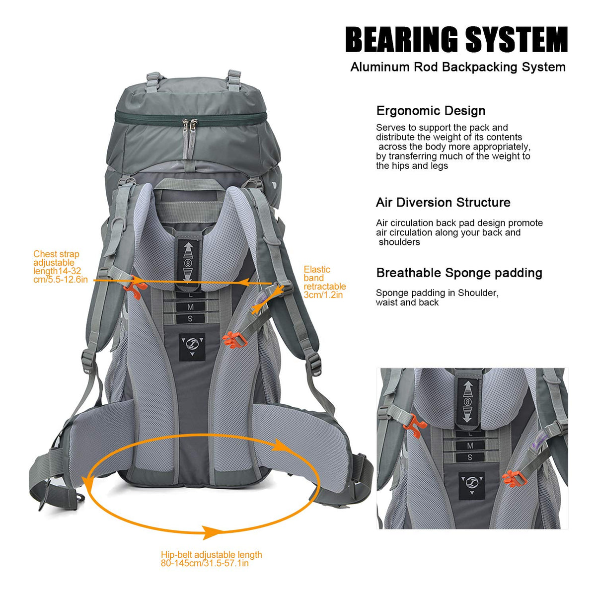 MOUNTAINTOP 65L Internal Frame Backpack with Rain Cover Medium Teal-65l