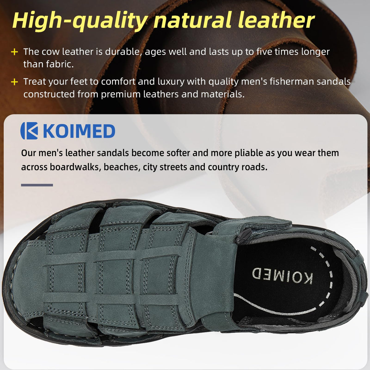 KEENPACE Men's Fisherman Leather Sandals Summer Outdoor Sport Beach Hiking Casual Dress Sandles With Comfortable Memory Foam Adjustable Back Strap Closed Toe