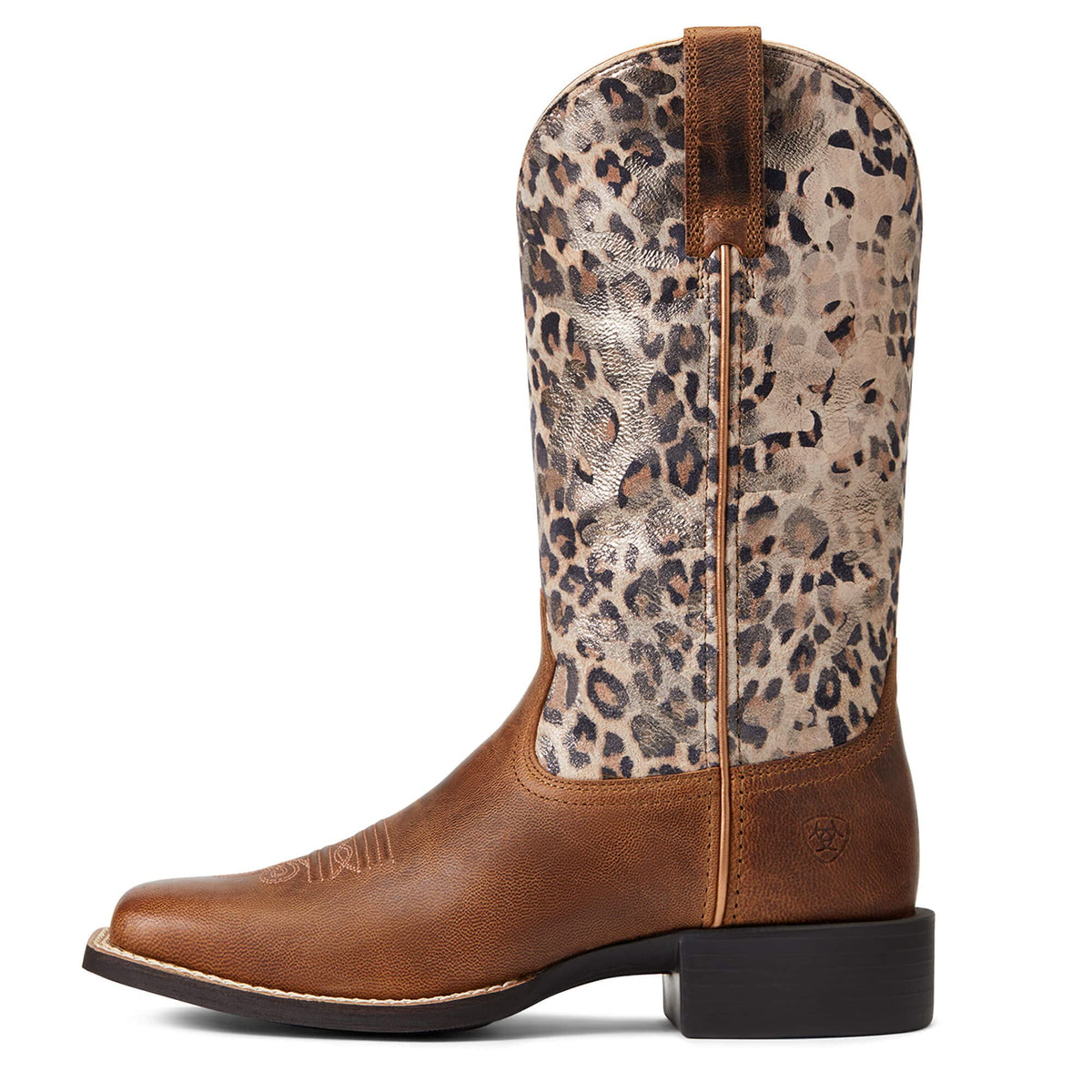ARIAT BMVY9 Womens Round Up Wide Square Toe Western Boot Pearl Brown/Metallic Leopard 9