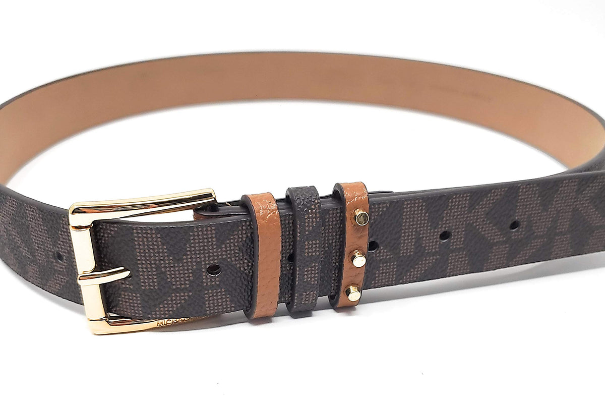 Michael Kors Womens Gold Buckle,Two-Toned Belt,Chocolate/Luggage,Size Medium