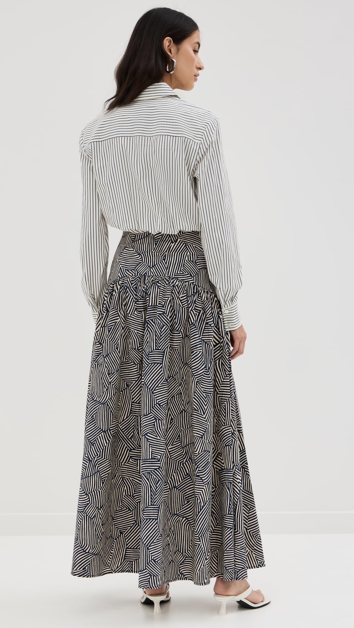 STAUD Women's Rocco Dress, Ivory Micro Stripe/Navy Mosaic, 10