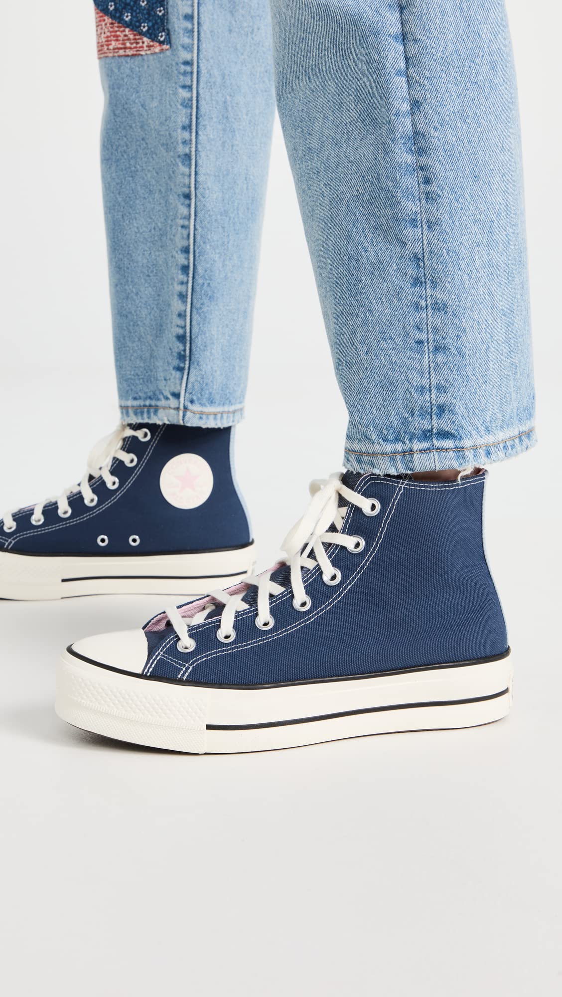 Converse Women's Chuck Taylor All Star Lift Platform Denim Fashion Sneakers, Navy/Egret/Sunrise Pink, 7 Medium US
