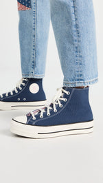 Converse Women's Chuck Taylor All Star Lift Platform Denim Fashion Sneakers, Navy/Egret/Sunrise Pink, 7 Medium US