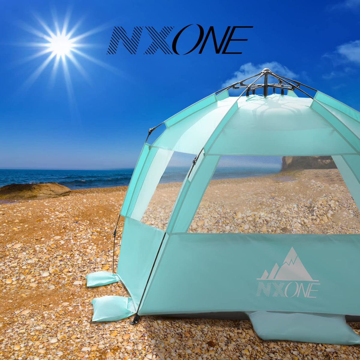 NXONE XL Pop Up Beach Tent, Deluxe Sun Shade Shelter for 4 Person, UPF 50+ Protection, Windproof Beach Shade, Extendable Floor with 3 Ventilating Windows Plus Carrying Bag, Stakes and Guy Lines Mint Green