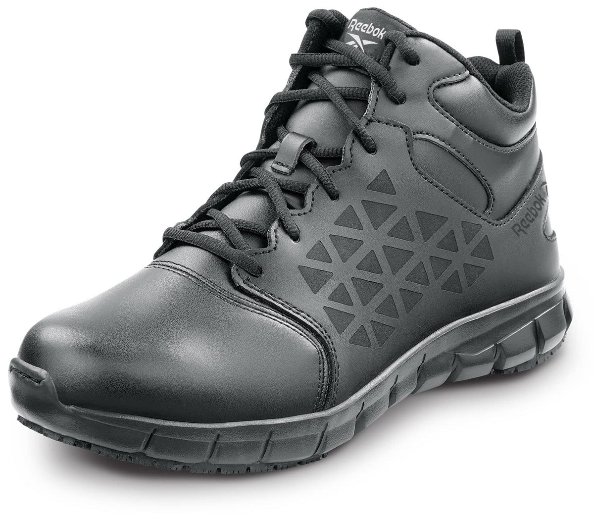Reebok Work Sublite Cushion Work, Men's, Black, Mid-Athletic Style, MaxTrax Slip Resistant, Soft Toe Work Shoe 9.5 Wide