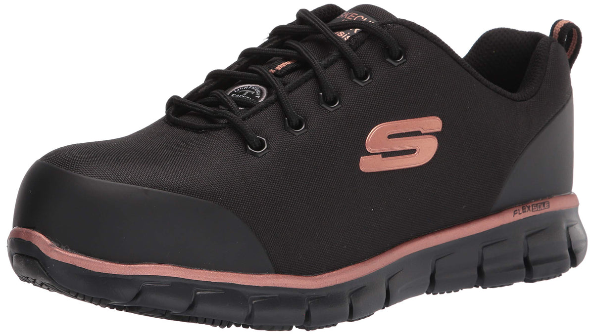 Skechers Women's Lace Up Athletic Safety Toe Industrial Shoe 6.5 Black/Gold