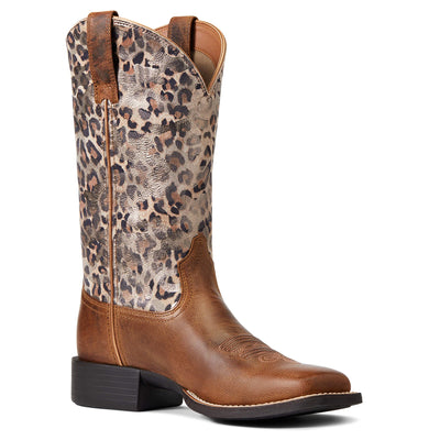 ARIAT BMVY9 Womens Round Up Wide Square Toe Western Boot Pearl Brown/Metallic Leopard 9