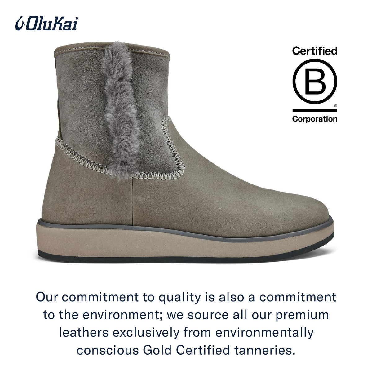 OLUKAI Pa'ina Hulu Women's Winter Boot, Soft Waterproof Leather & Wet Grip Sole, Medial Side Zipper for Easy Slip-On, Comfortable & Cute Style, Fog/Fog, 6.5