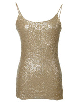 Anna-Kaci Womens Glitzy All Over Sequin Chain Straps Slim Spaghetti Tank Top, Gold, Medium