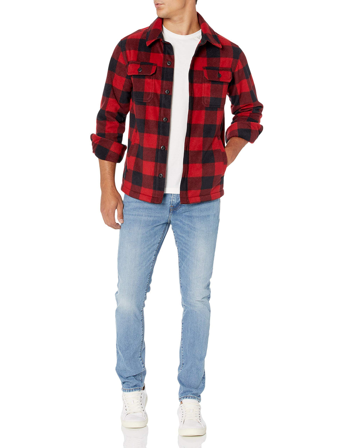 Amazon Essentials Men's Long-Sleeve Polar Fleece Shirt Jacket for Winter, Red Buffalo Check, Medium