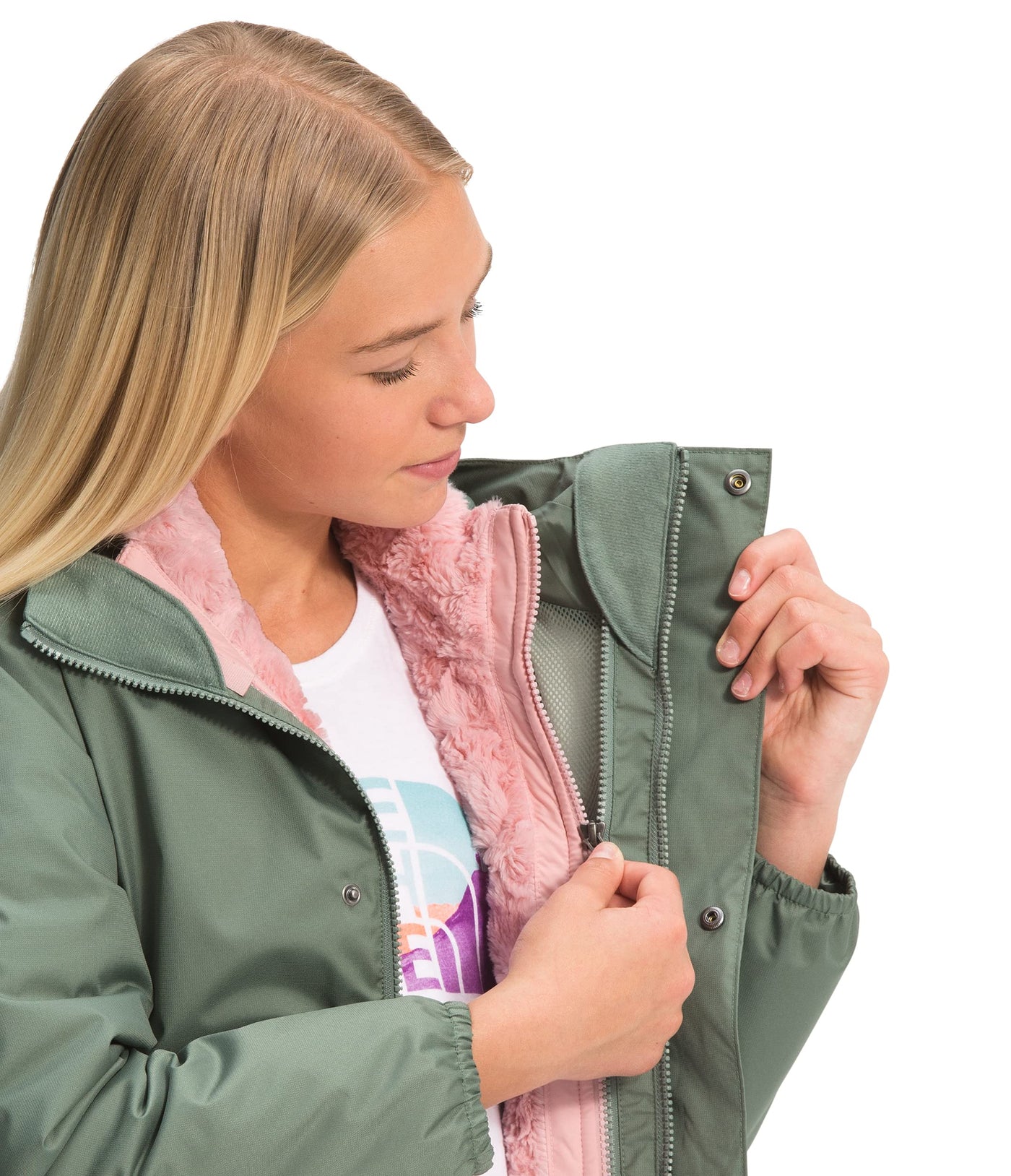 THE NORTH FACE Girls' Reversible Mossbud Swirl Jacket, Peach Pink, Small