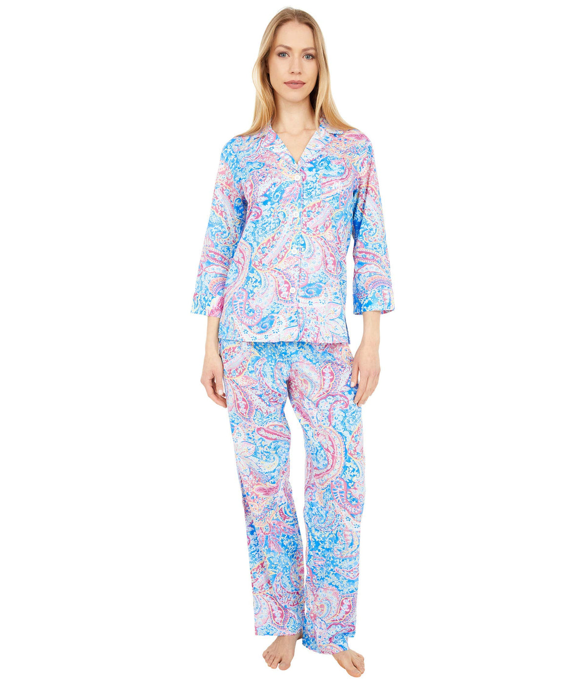 Lauren Ralph Lauren 3/4 Sleeve Notch Collar Long Pants PJ Set Multi/Paisley MD (US 8-10)