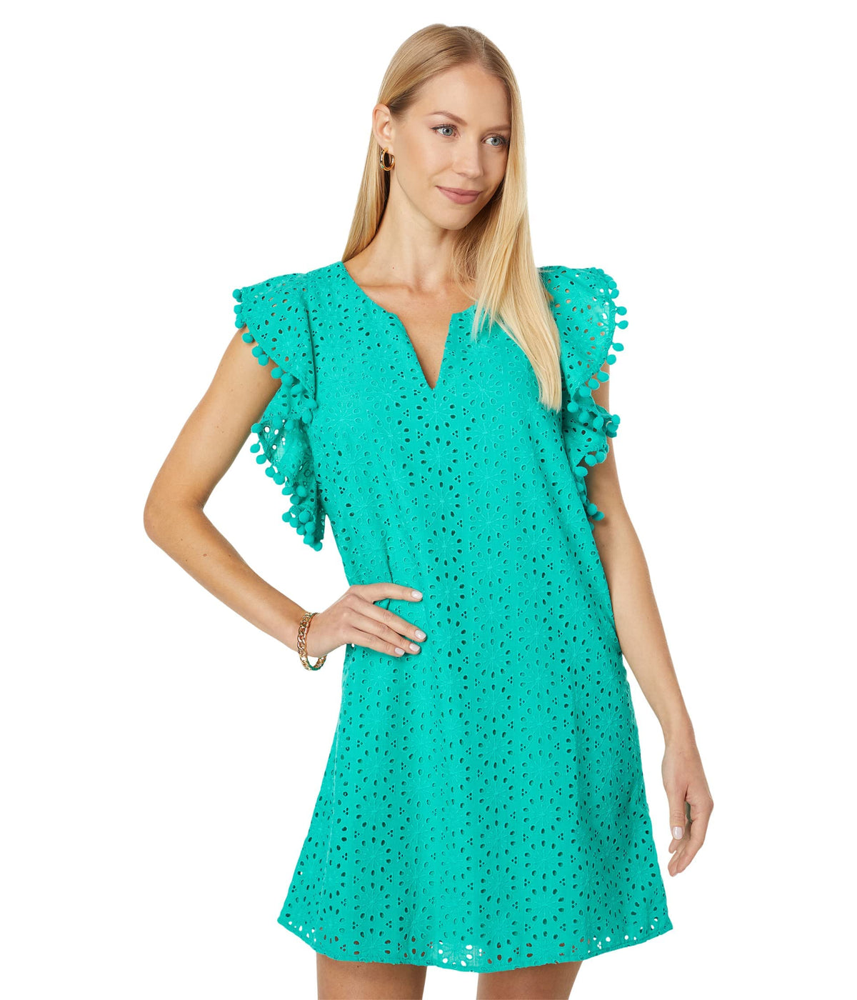Lilly Pulitzer Astara Dress for Women - Round and V-Neckline with Sleeveless Design, Chic and Stunning Dress Water Lilly Green Neon Sunburst Eyelet XL One Size