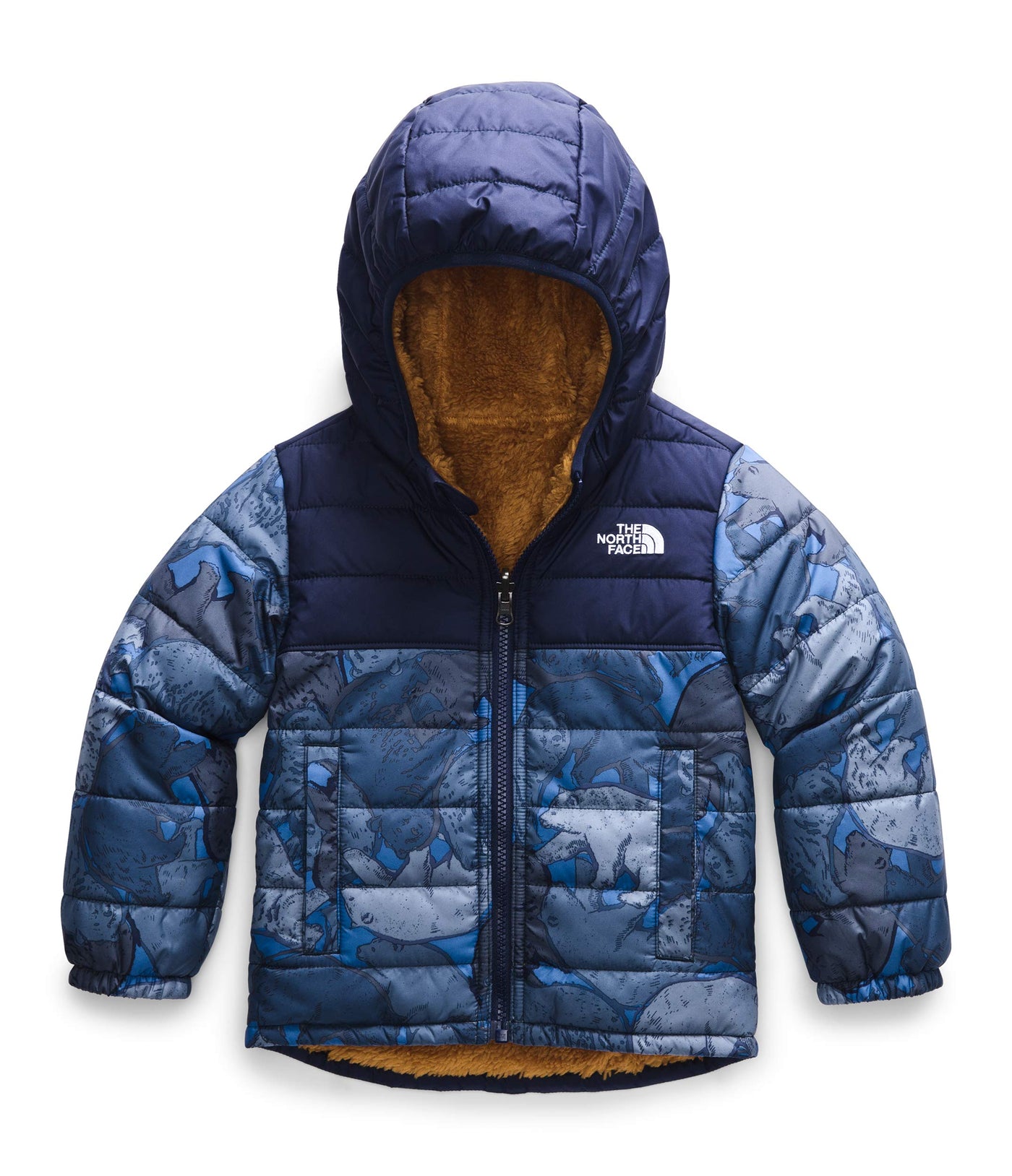 THE NORTH FACE Toddler Boys' Reversible Mount Chimborazo Hooded Insulated Jacket, TNF Navy Bear Camo Print (Past Season), 2T