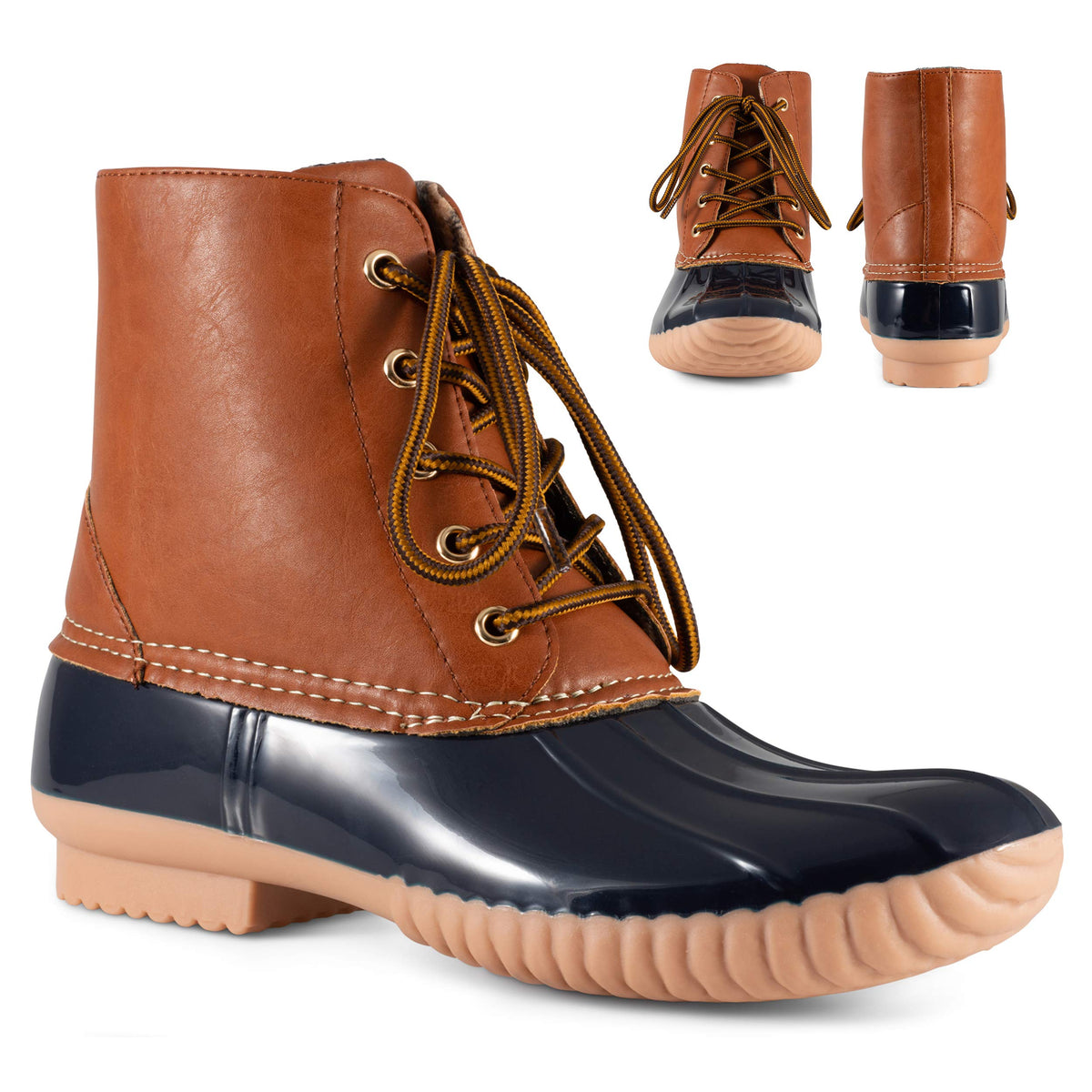 Twisted Shoes Becca Womens Rain Boots, Waterproof Wide Calf, Rubber Lace Up Duck Boot, Navy, 7