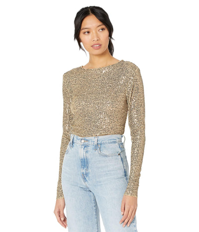 Free People Gold Rush Long Sleeve Top for Women - Polyester-Elastane Blend - Semi Sheer - Slim Silhouette Large Gold Combo