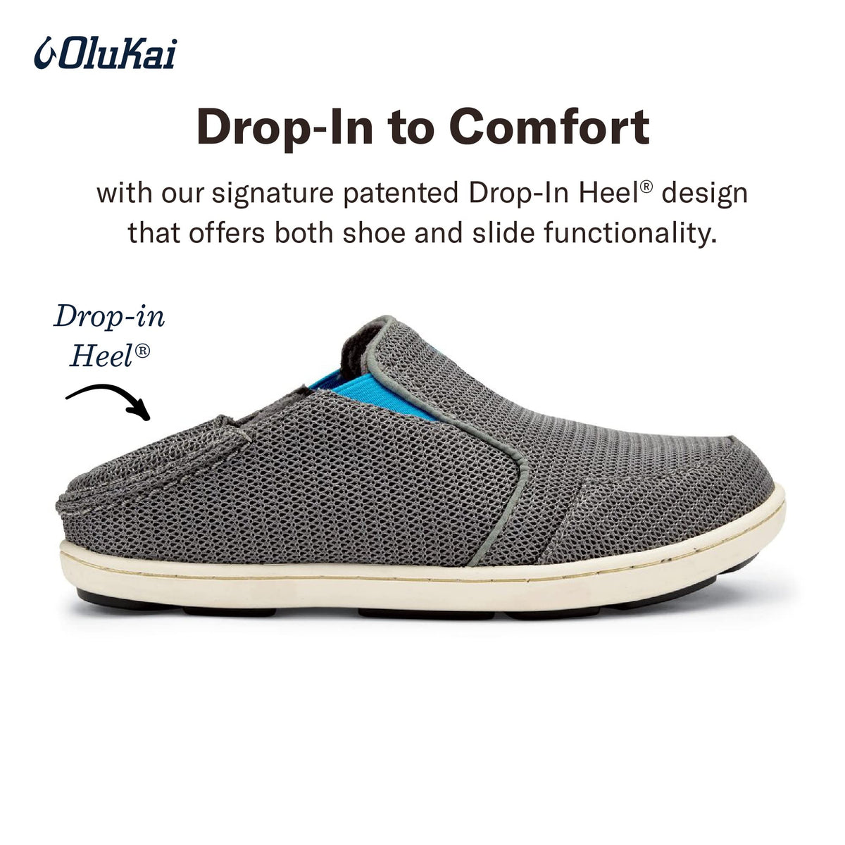 OLUKAI Nohea Mesh Boy's Slip-On Sneakers, Lightweight, Breathable All-Weather Shoes, Extra Comfortable Fit, Grey/Scuba, 9