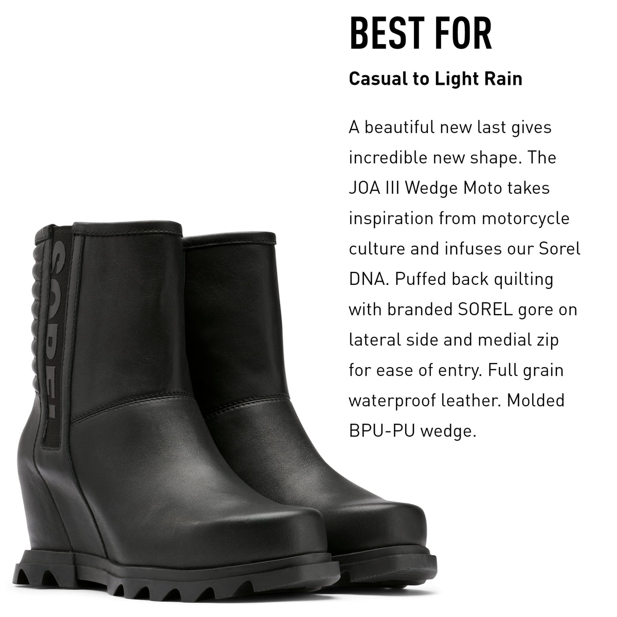 Sorel Women's Joan of Arctic Wedge III Moto Boot — Black, Sea Salt — Waterproof Leather Wedge Boots — Size 7.5