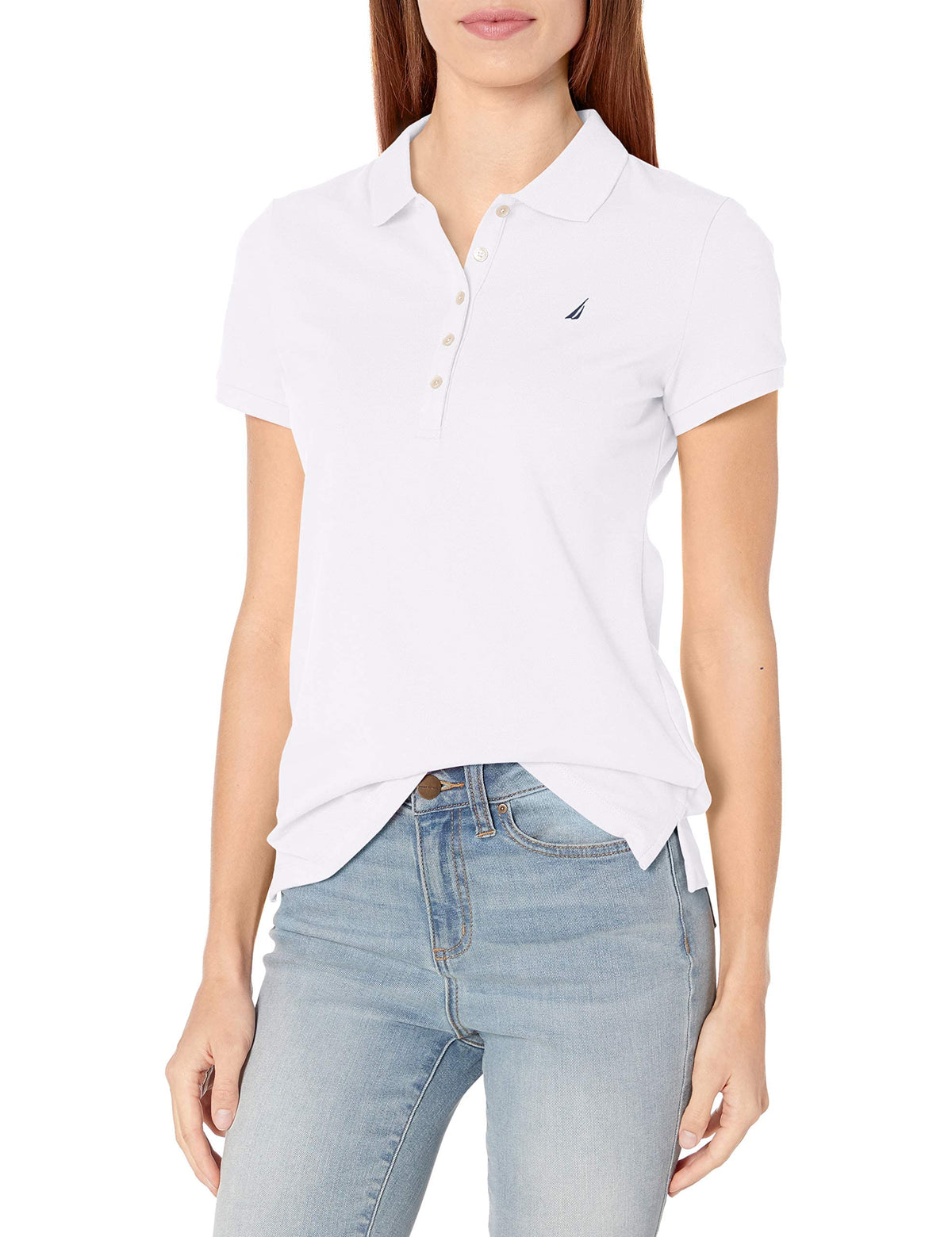 Nautica Women's 5-Button Short Sleeve Breathable 96% cotton 4% spandex Polo Shirt, Bright White, Small