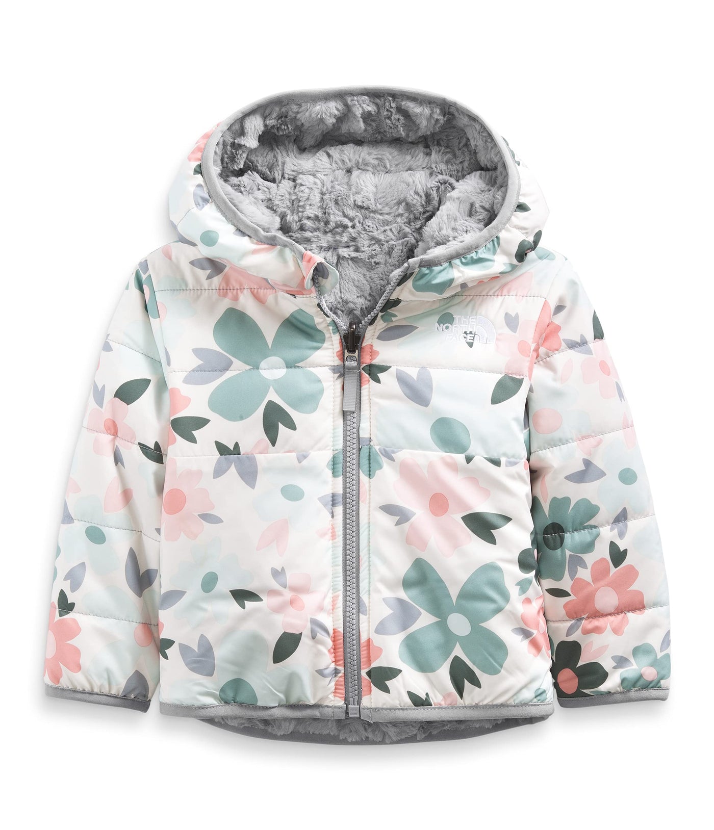 THE NORTH FACE Baby Reversible Mossbud Swirl Full Zip Hooded Jacket, Gardenia White Polka Dot Floral Print, 12-18 Months