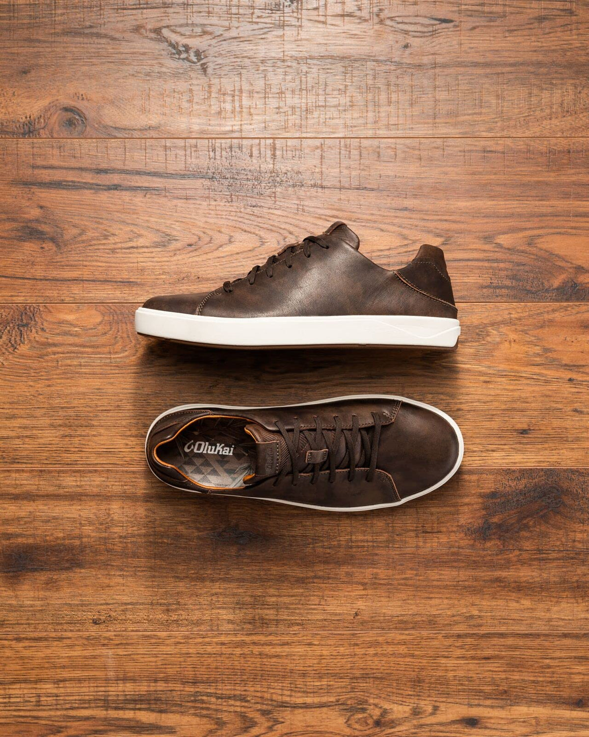 OLUKAI Lae'ahi Li 'ILI Men's Leather Sneakers, Supple Full-Grain Leather Shoes, Drop-in Heel & All Weather Rubber Soles, Dk Wood/Dk Wood, 9