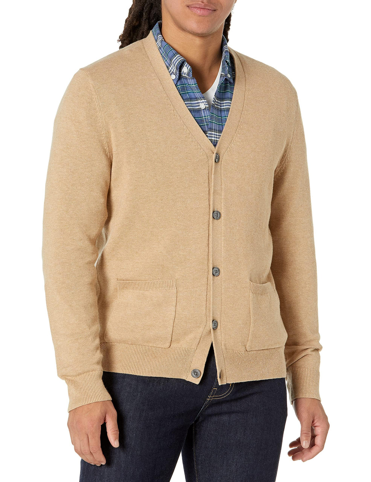 Amazon Essentials Men's Cotton Cardigan Sweater, Camel Heather, Medium