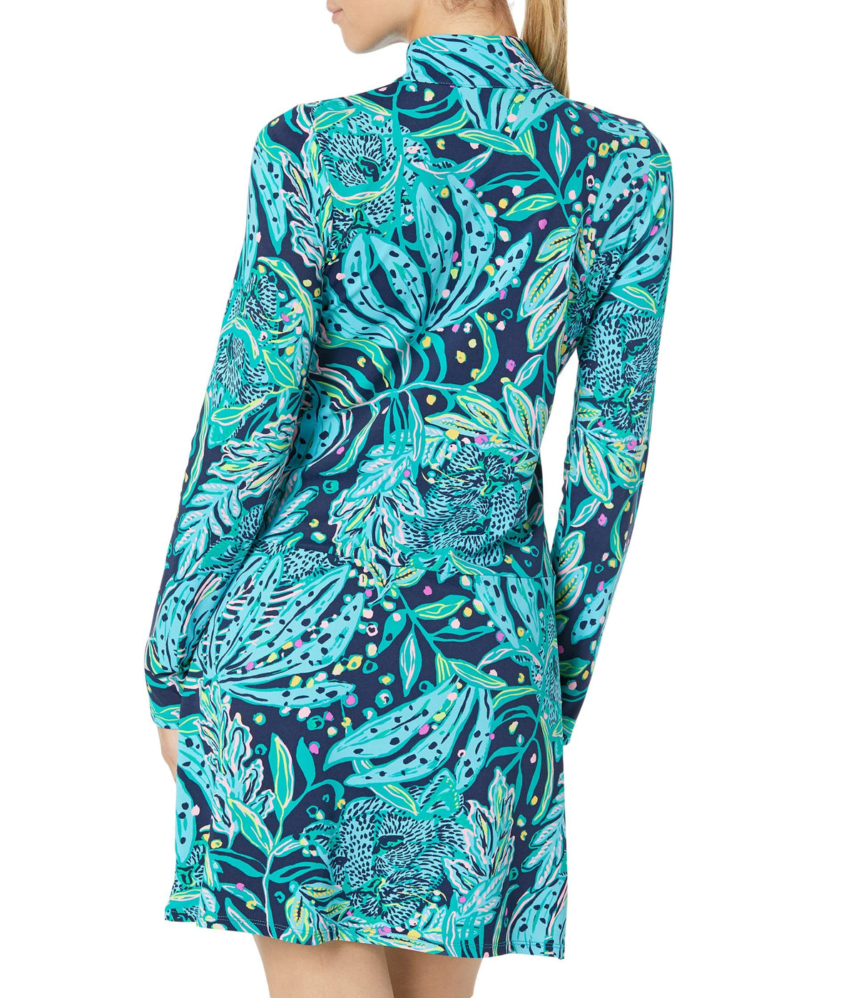 Lilly Pulitzer Nassau Dress UPF 50+ for Women - Mock Neckline with Long Sleeves, Lightweight and Stunning Dress Low Tide Navy Catty Purrsonality XXS One Size