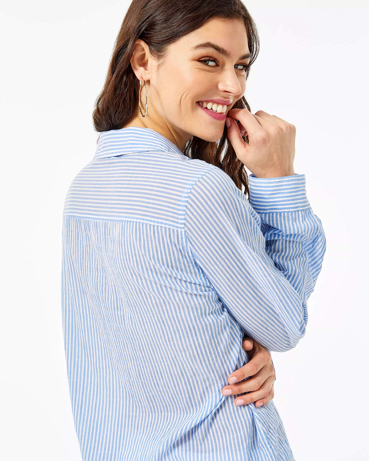 Lilly Pulitzer Sea View Button-Down Shirt for Women - Easy Fit - Long Sleeve - Roomy Fit - Linen Fabric Coastal Blue Stripe MD One Size