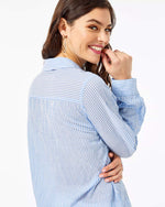 Lilly Pulitzer Sea View Button-Down Shirt for Women - Easy Fit - Long Sleeve - Roomy Fit - Linen Fabric Coastal Blue Stripe MD One Size