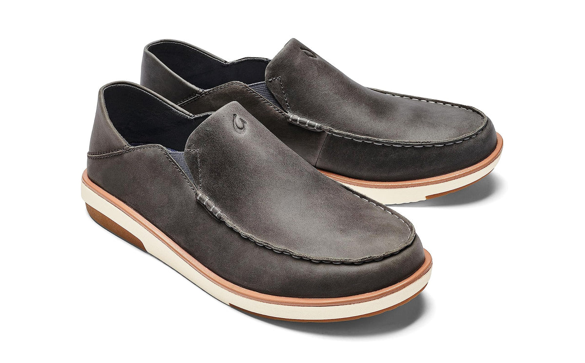 OLUKAI Kalia Men's Leather Slip-On, Full-Grain Waxed Nubuck Leather Shoes, Lightweight & Comfortable, Ash/Ash, 8.5