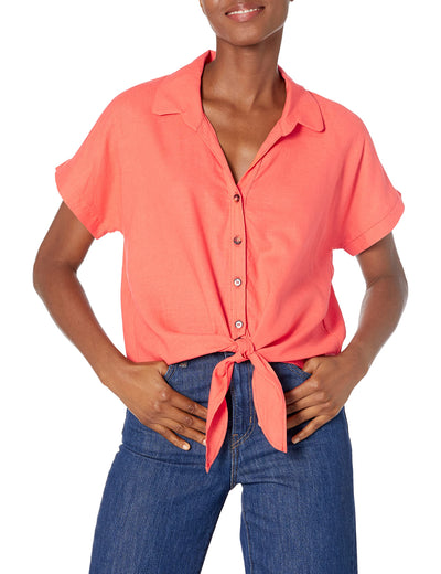 Show Me Your Mumu Women's Mike Top, Coral Linen, Extra Small